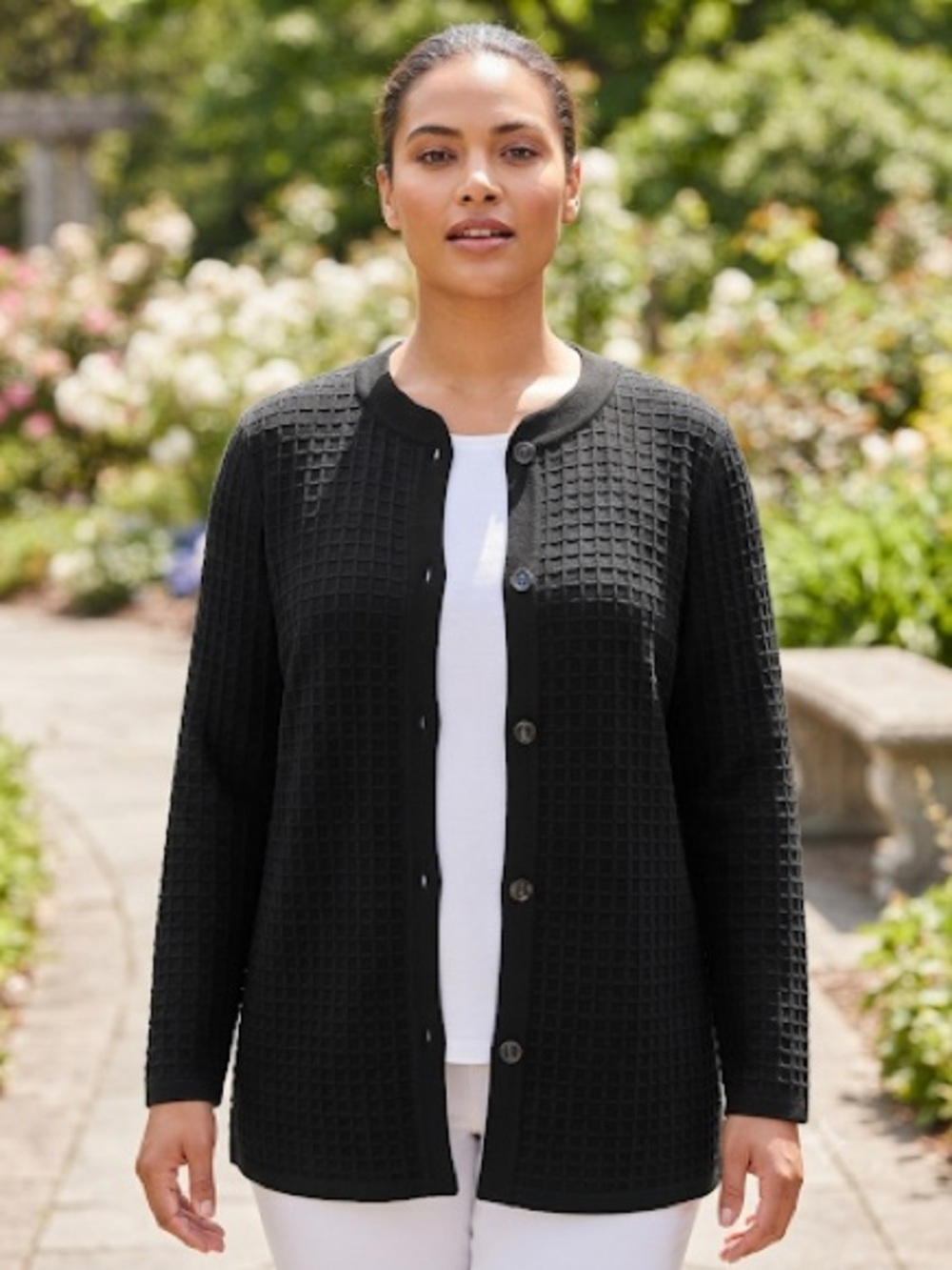 Misook Black Waffle-Knit Button Front Cardigan